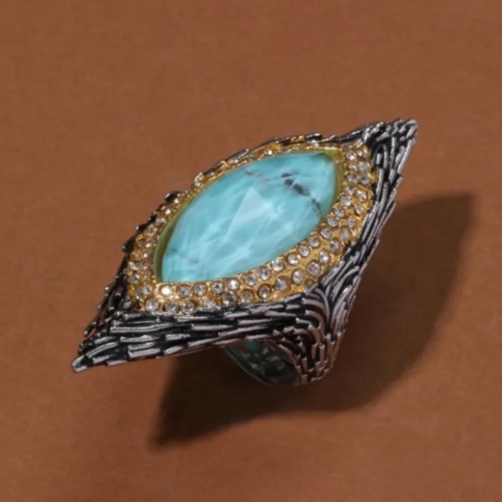 ALEXIS BITTAR Black Gunmetal Gold Doublet Turquoise Stone Maldivian Feather Ring
